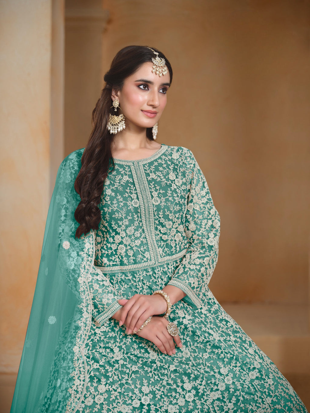 Anaita Sea Green Embroidered Net Anarkali Suit | Grocsy