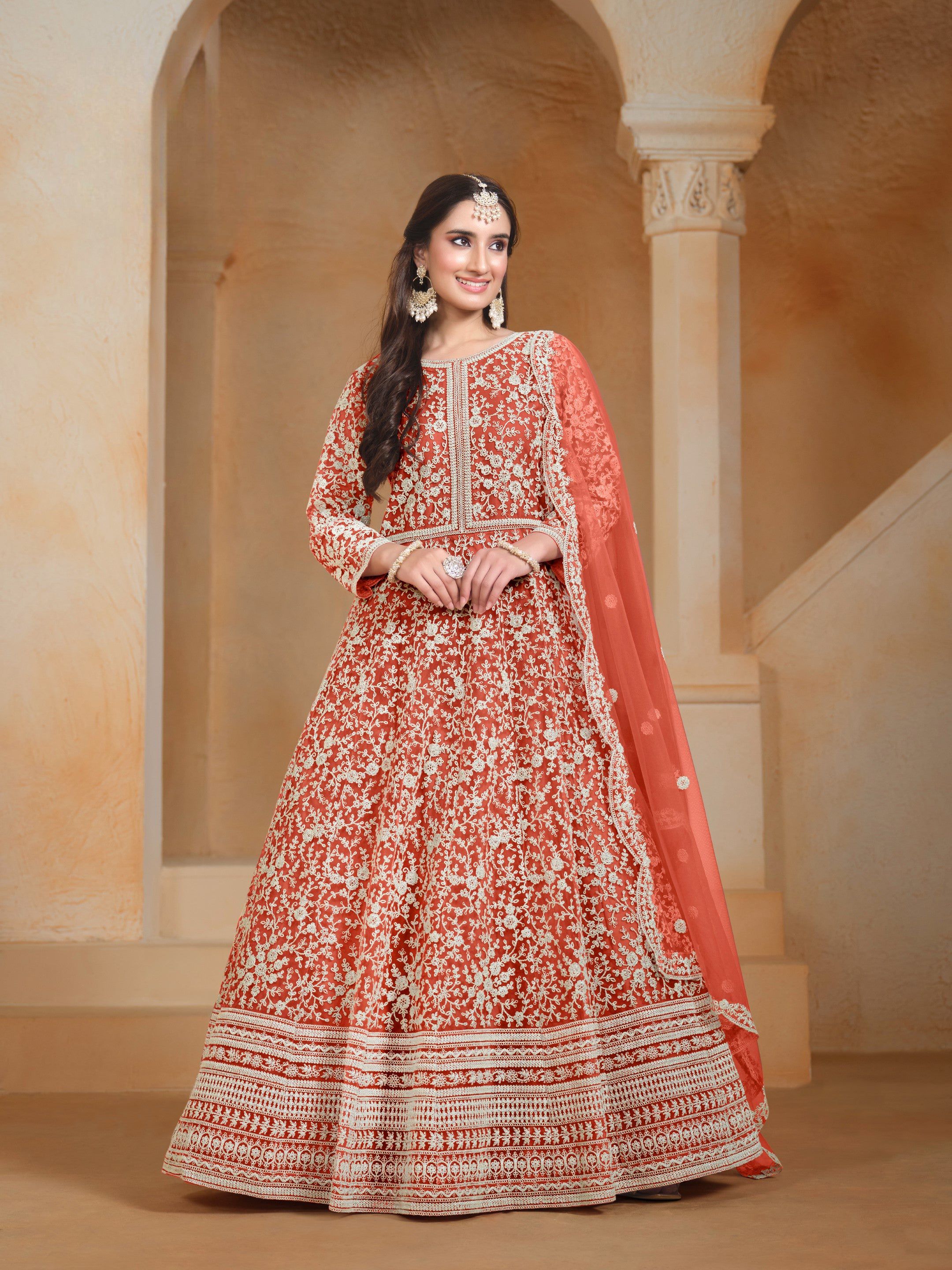 Anaita Orange Embroidered Net Anarkali Suit | Grocsy