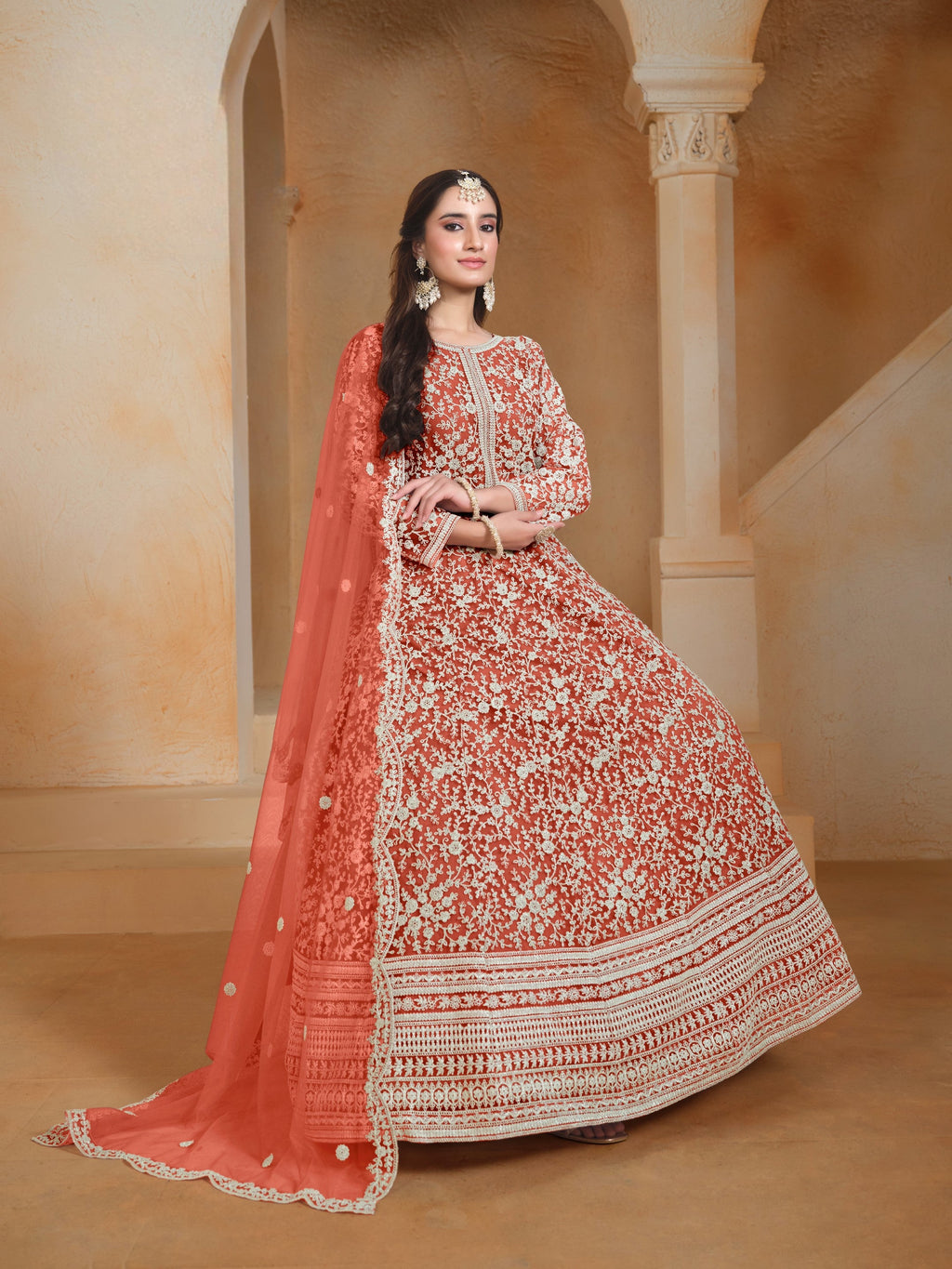 Anaita Orange Embroidered Net Anarkali Suit | Grocsy
