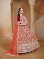 Anaita Orange Embroidered Net Anarkali Suit | Grocsy