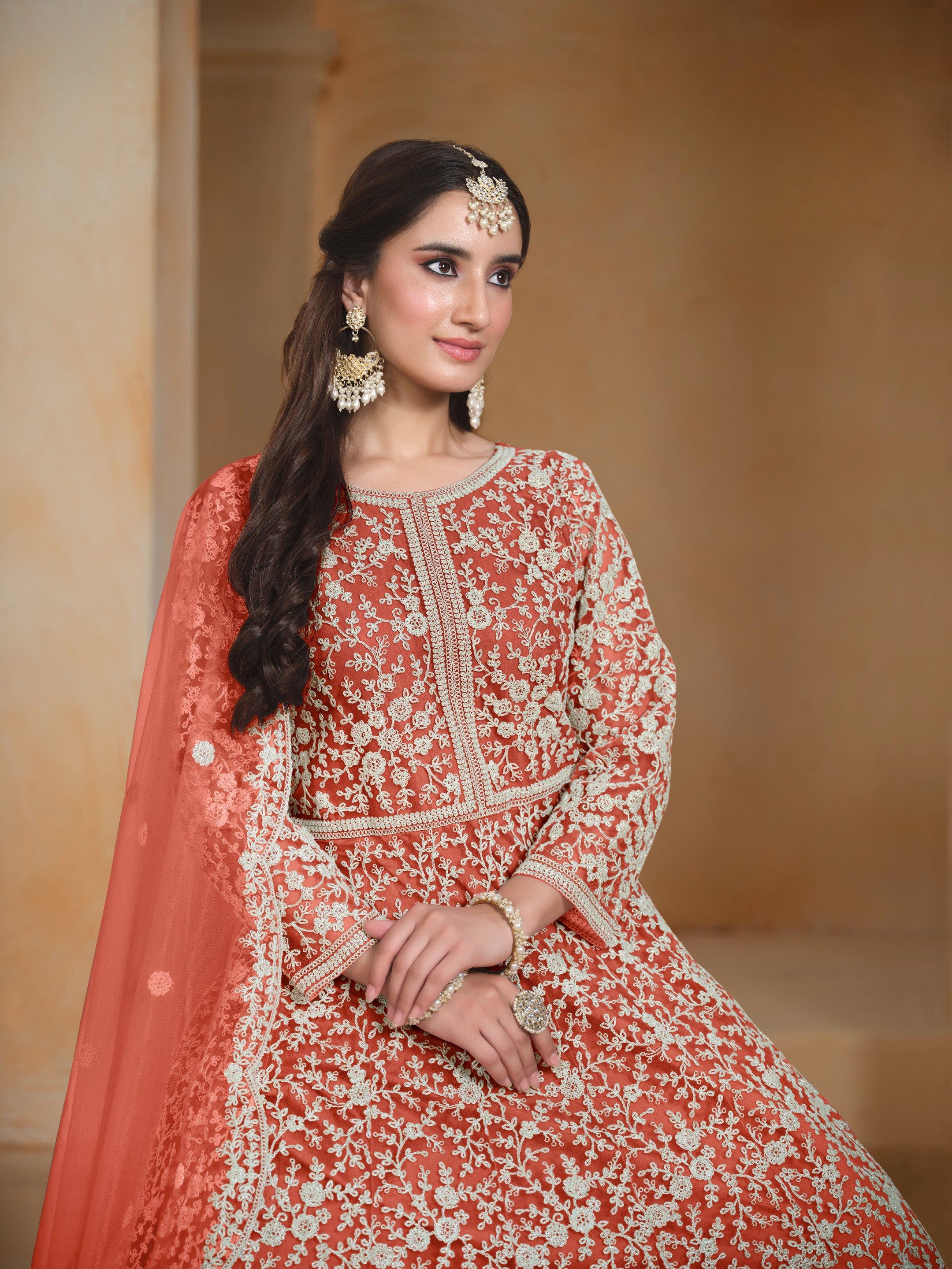 Anaita Orange Embroidered Net Anarkali Suit | Grocsy