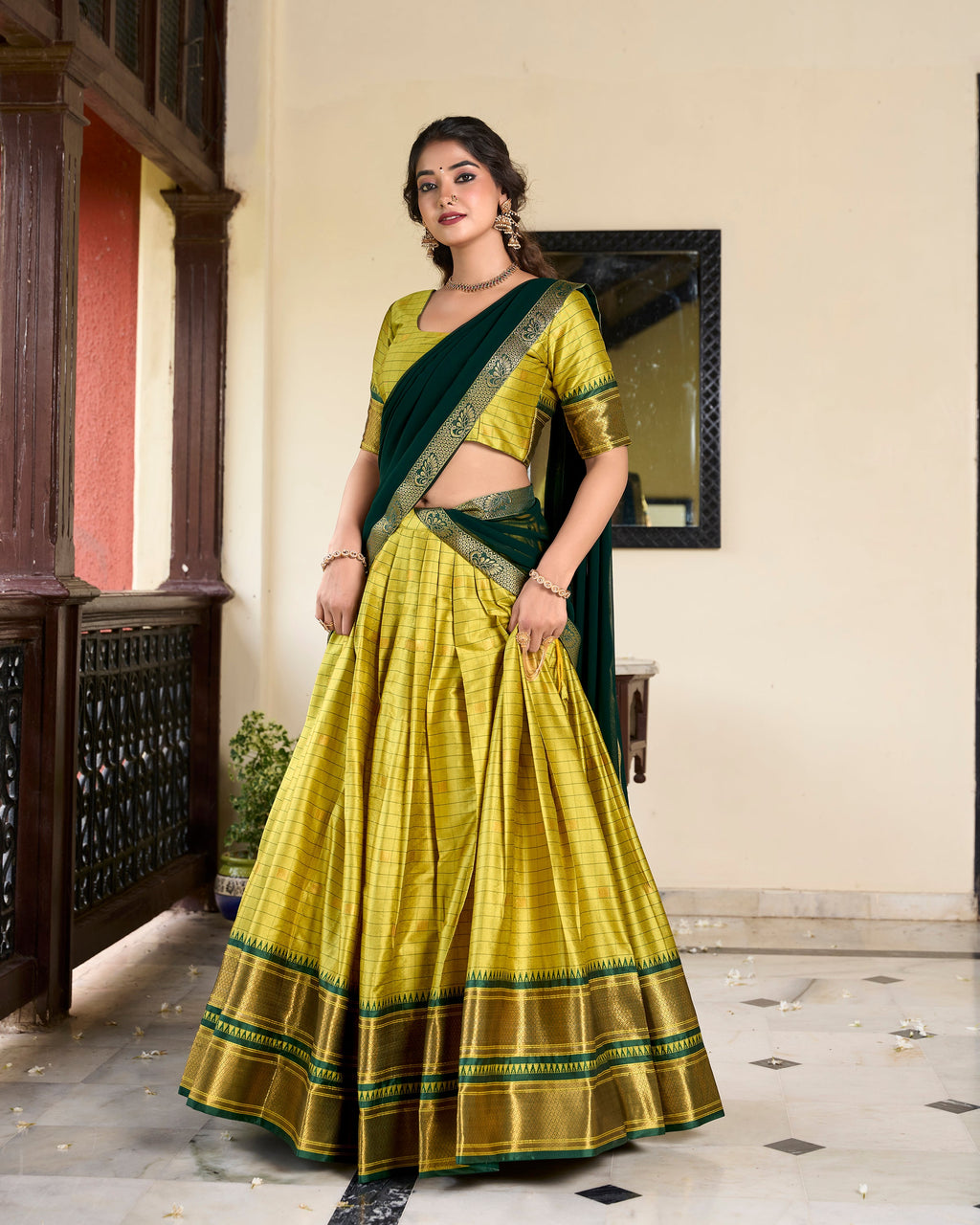 Lorenvalley Green Cotton Silk Weaving Work With Paithani Concept Lehenga Choli | Grocsy