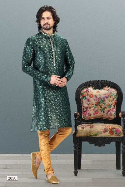 Raivat Ethnic Jacquard Banarasi Silk Pintux Work Kurta Pajama In Green Colour | Grocsy