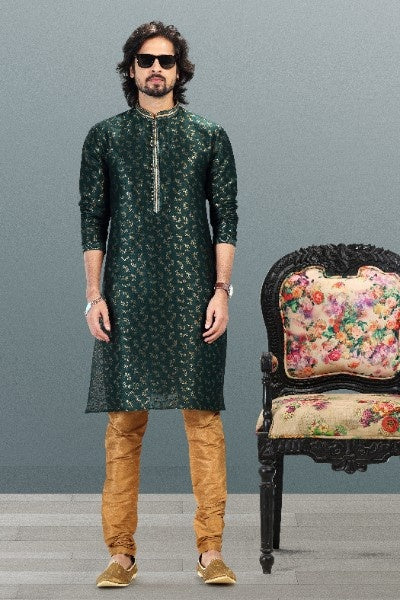Raivat Ethnic Jacquard Banarasi Silk Pintux Work Kurta Pajama In Green Colour | Grocsy