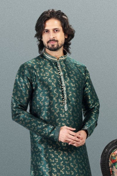 Raivat Ethnic Jacquard Banarasi Silk Pintux Work Kurta Pajama In Green Colour | Grocsy
