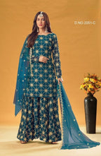 Anaita Teal Blue Faux Georgette Plazzo Suit With Embroidery & Sequins Work | Grocsy