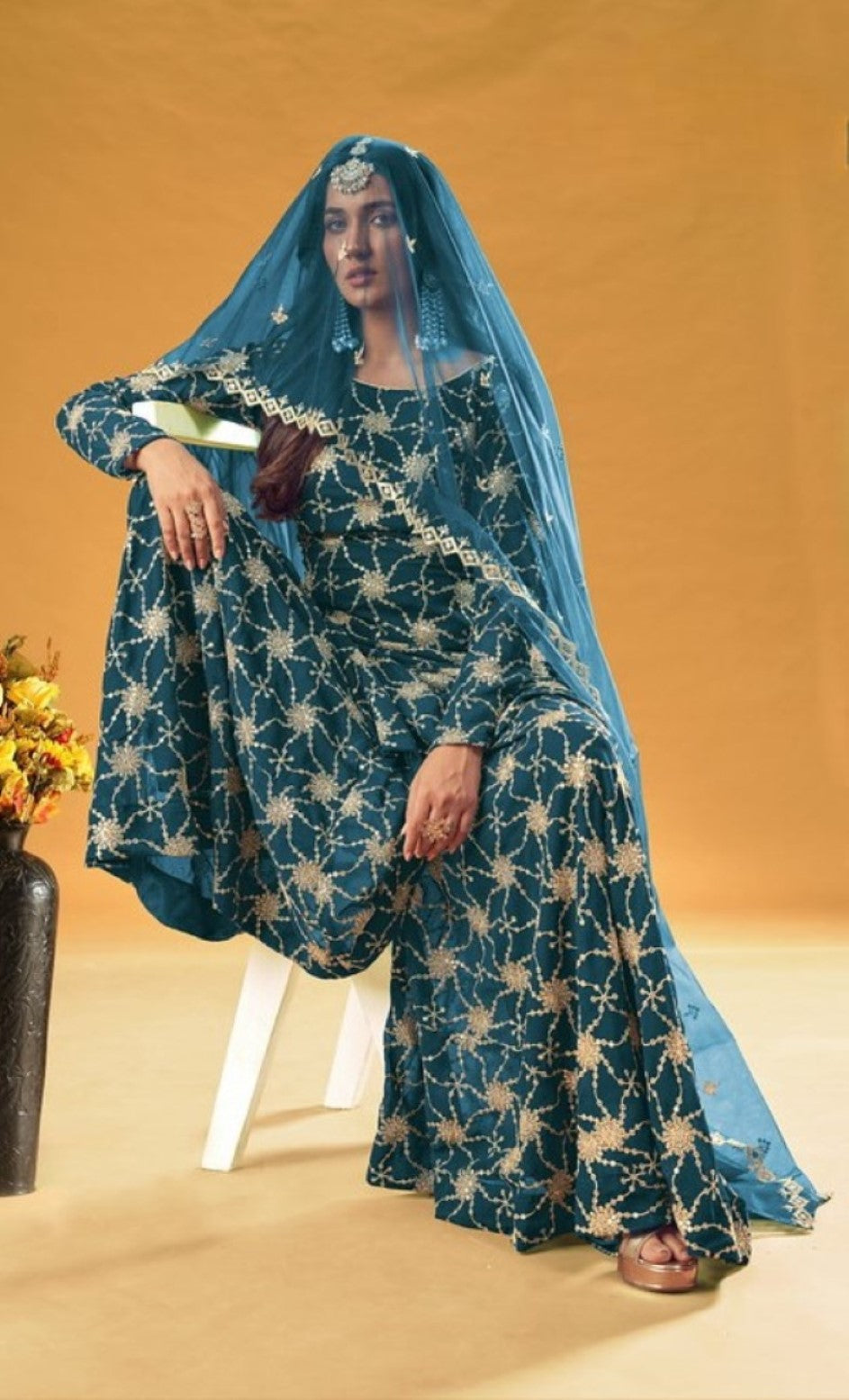 Anaita Teal Blue Faux Georgette Plazzo Suit With Embroidery & Sequins Work | Grocsy
