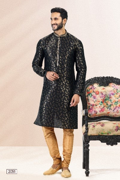 Raivat Ethnic Jacquard Banarasi Silk Pintux Work Kurta Pajama In Black Colour | Grocsy