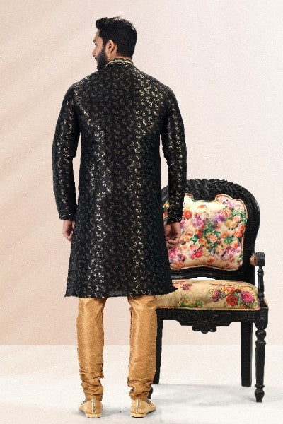 Raivat Ethnic Jacquard Banarasi Silk Pintux Work Kurta Pajama In Black Colour | Grocsy