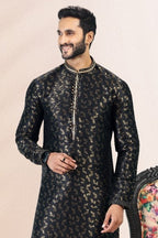 Raivat Ethnic Jacquard Banarasi Silk Pintux Work Kurta Pajama In Black Colour | Grocsy