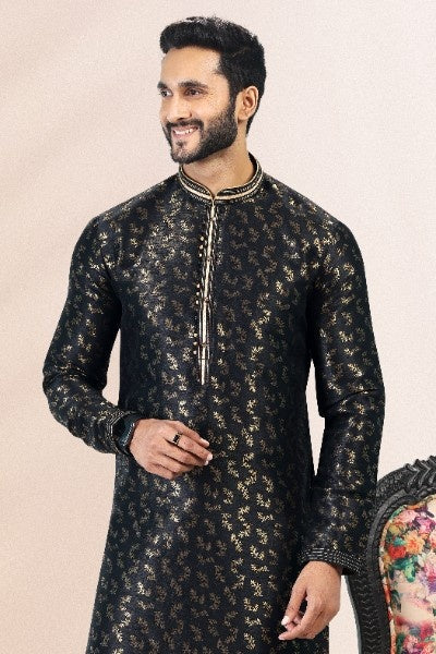 Raivat Ethnic Jacquard Banarasi Silk Pintux Work Kurta Pajama In Black Colour | Grocsy