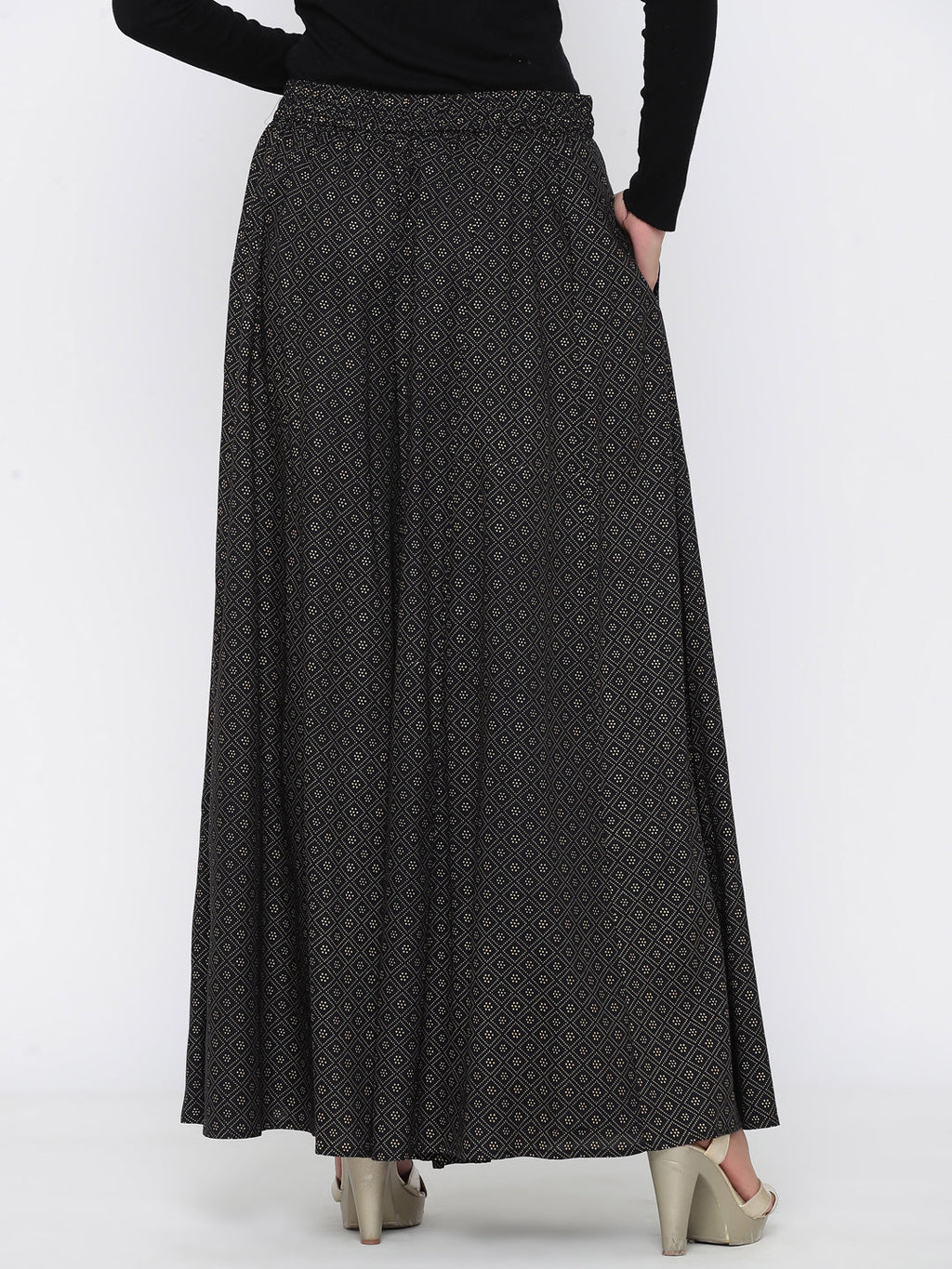 Juniper Women Black Rayon Printed Flared Palazzo | Grocsy