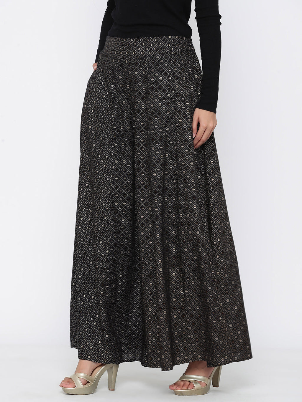 Juniper Women Black Rayon Printed Flared Palazzo | Grocsy