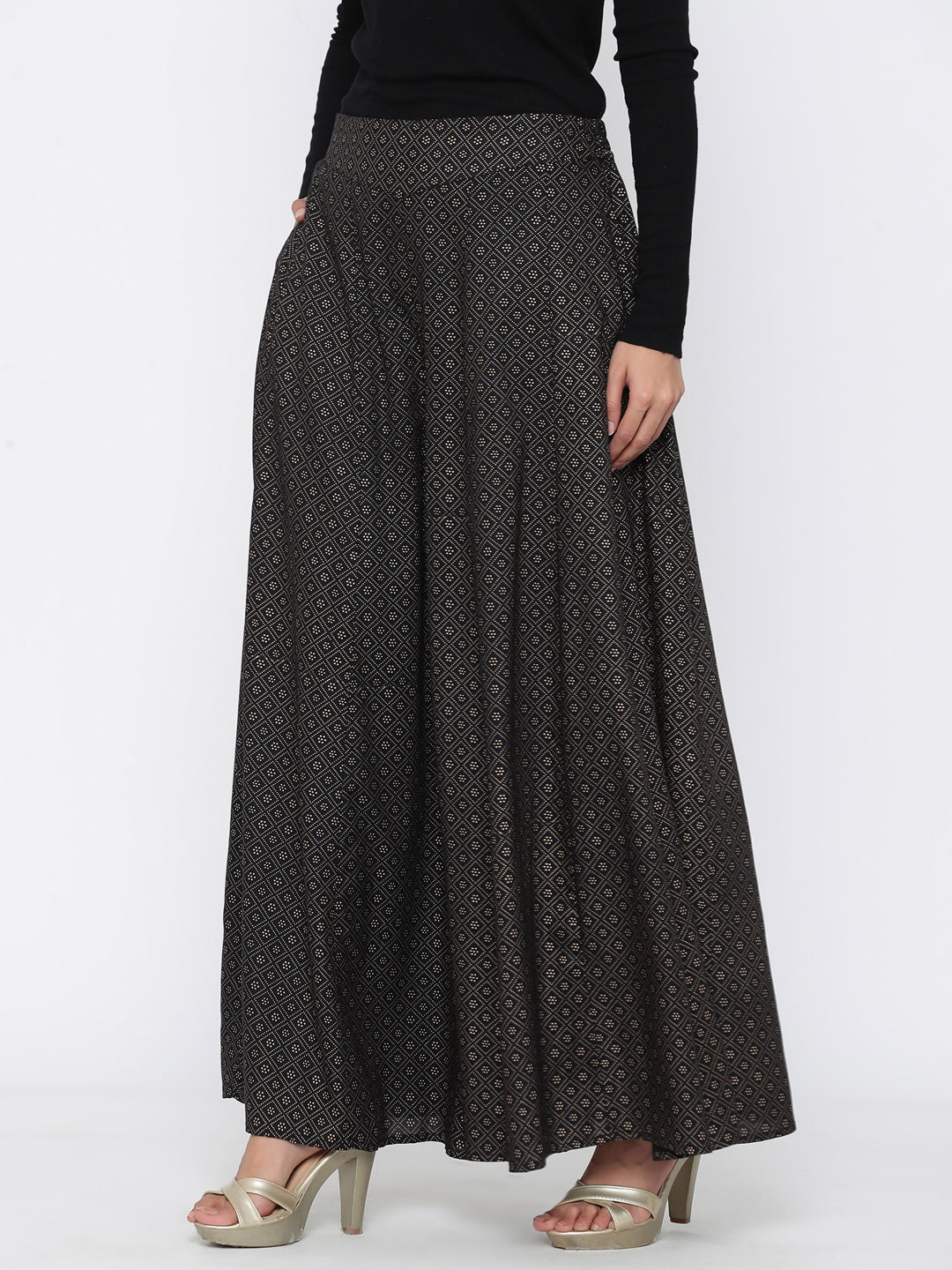 Juniper Women Black Rayon Printed Flared Palazzo | Grocsy