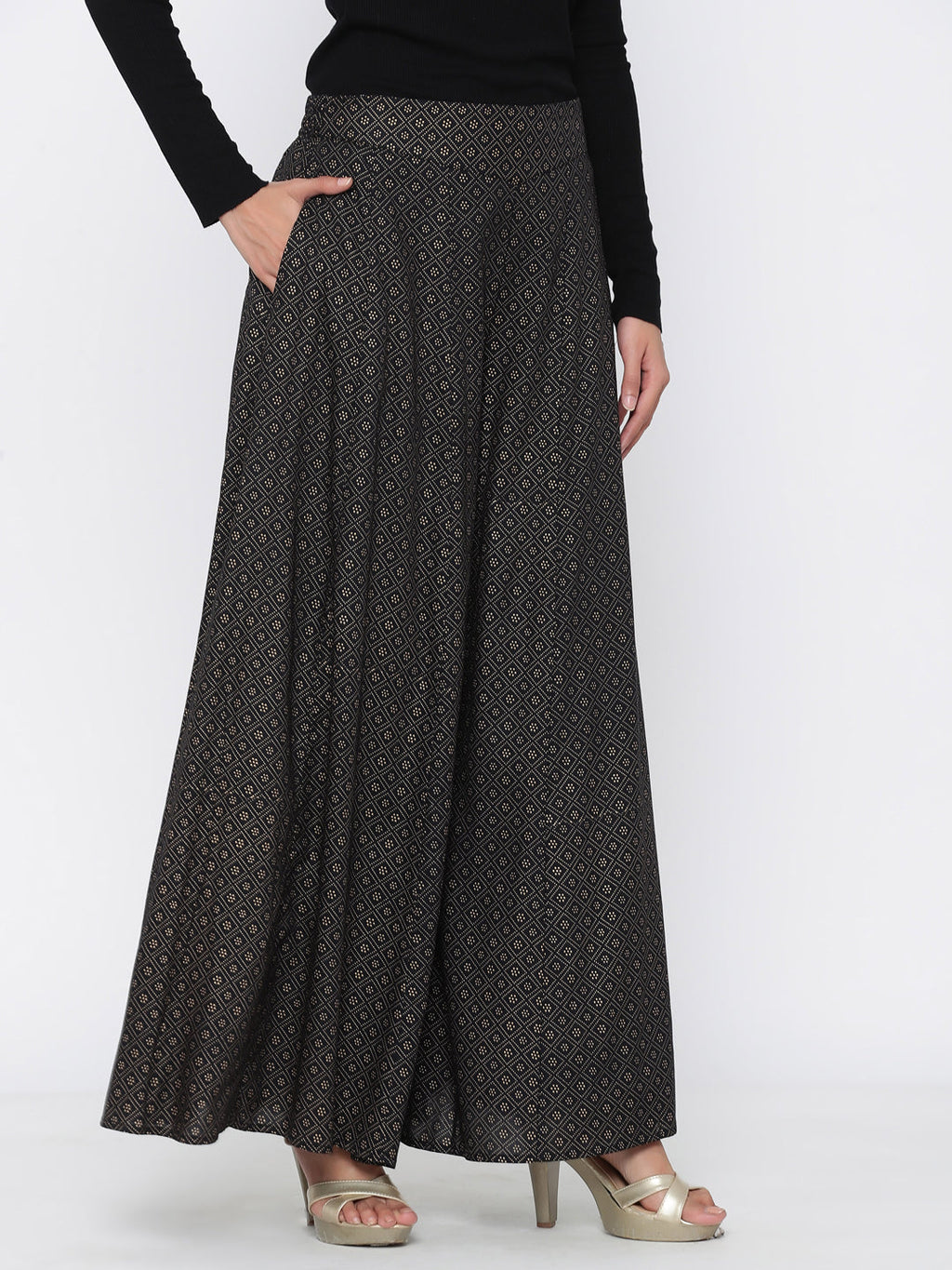 Juniper Women Black Rayon Printed Flared Palazzo | Grocsy