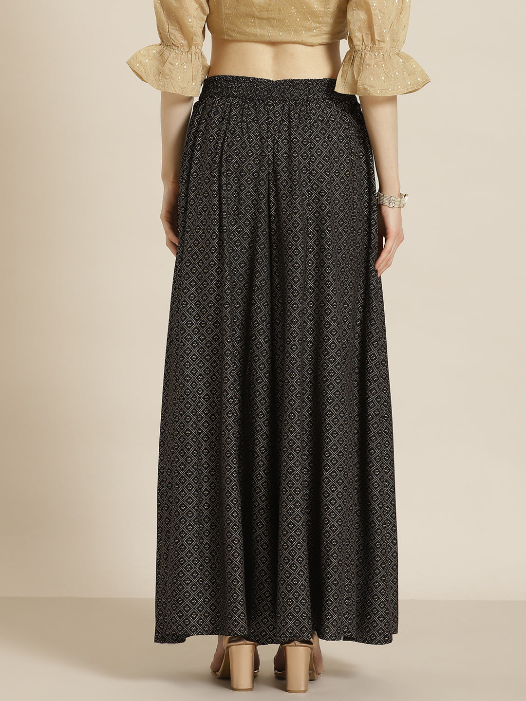 Juniper Black Geometric Printed Rayon Flared Women Palazzo With One Pocket | Grocsy