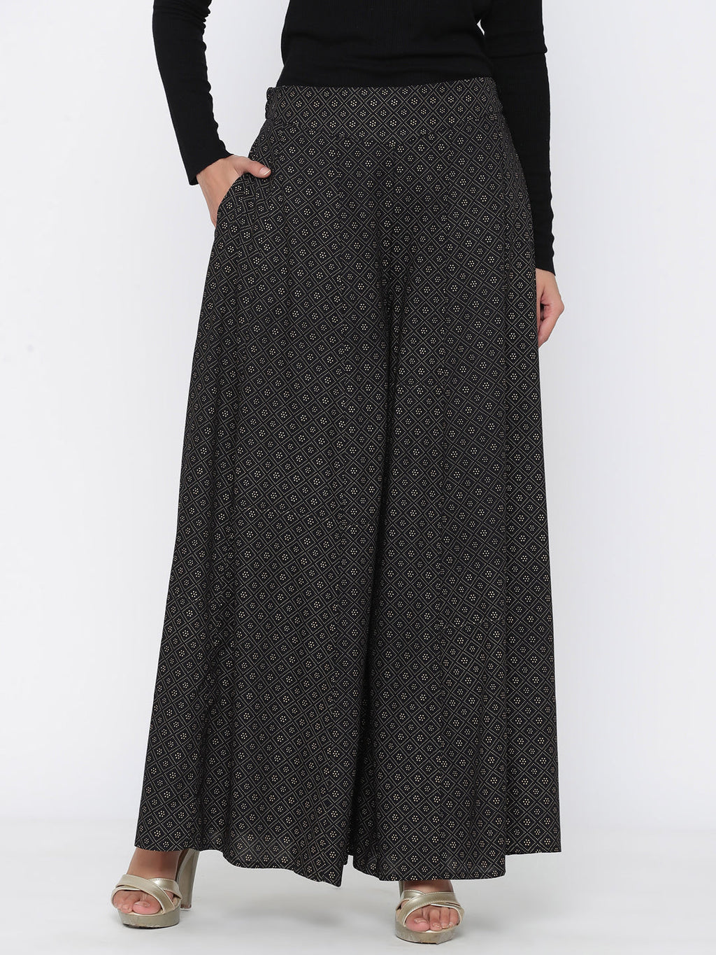 Juniper Women Black Rayon Printed Flared Palazzo | Grocsy