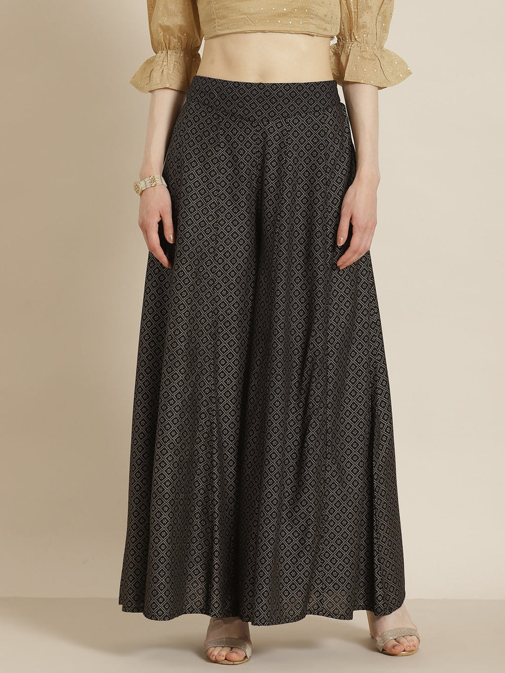 Juniper Black Geometric Printed Rayon Flared Women Palazzo With One Pocket | Grocsy
