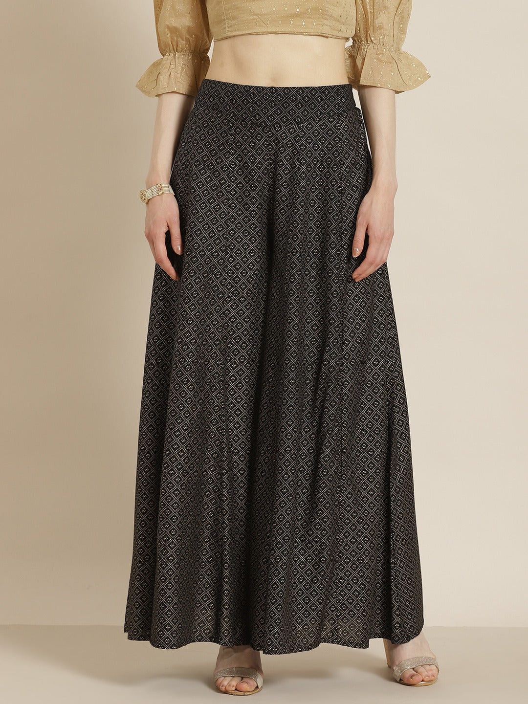 Juniper Black Geometric Printed Rayon Flared Women Palazzo With One Pocket | Grocsy