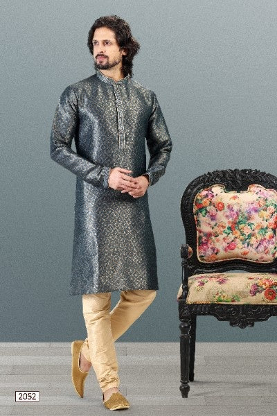 Raivat Ethnic Jacquard Banarasi Silk Pintux Work Kurta Pajama In Grey Colour | Grocsy