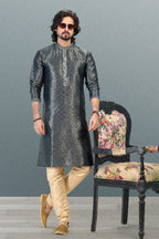 Raivat Ethnic Jacquard Banarasi Silk Pintux Work Kurta Pajama In Grey Colour | Grocsy