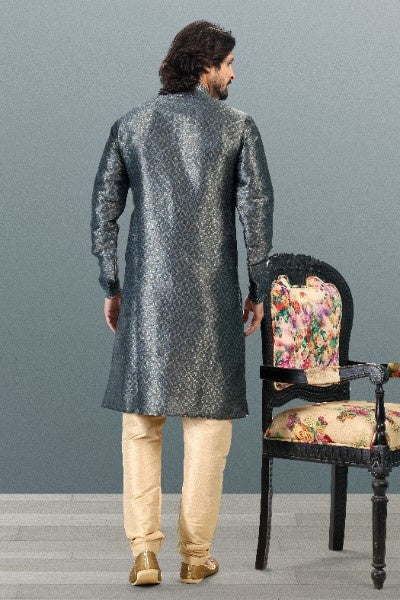 Raivat Ethnic Jacquard Banarasi Silk Pintux Work Kurta Pajama In Grey Colour | Grocsy