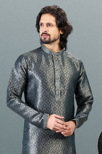 Raivat Ethnic Jacquard Banarasi Silk Pintux Work Kurta Pajama In Grey Colour | Grocsy