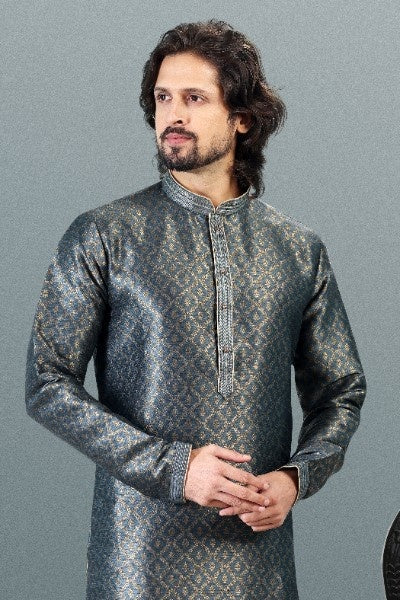 Raivat Ethnic Jacquard Banarasi Silk Pintux Work Kurta Pajama In Grey Colour | Grocsy