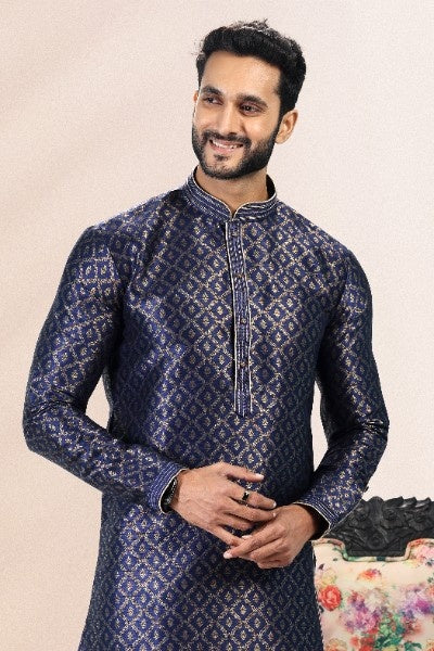 Raivat Ethnic Jacquard Banarasi Silk Pintux Work Kurta Pajama In Blue Colour | Grocsy