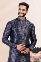Raivat Ethnic Jacquard Banarasi Silk Pintux Work Kurta Pajama In Blue Colour | Grocsy