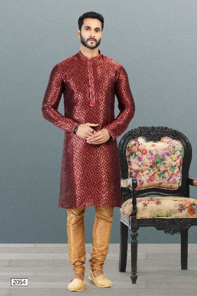 Raivat Ethnic Jacquard Banarasi Silk Pintux Work Kurta Pajama In Maroon Colour | Grocsy