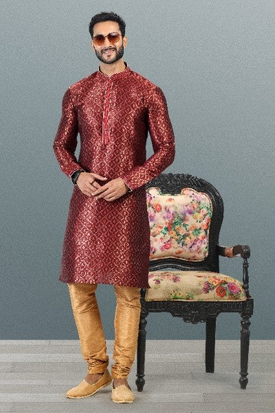 Raivat Ethnic Jacquard Banarasi Silk Pintux Work Kurta Pajama In Maroon Colour | Grocsy
