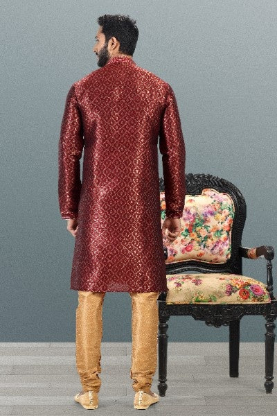 Raivat Ethnic Jacquard Banarasi Silk Pintux Work Kurta Pajama In Maroon Colour | Grocsy