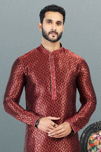 Raivat Ethnic Jacquard Banarasi Silk Pintux Work Kurta Pajama In Maroon Colour | Grocsy