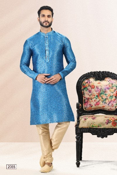 Raivat Ethnic Jacquard Banarasi Silk Pintux Work Kurta Pajama In Blue Colour | Grocsy