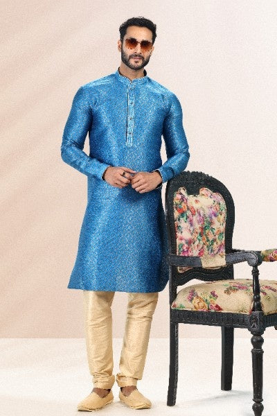 Raivat Ethnic Jacquard Banarasi Silk Pintux Work Kurta Pajama In Blue Colour | Grocsy