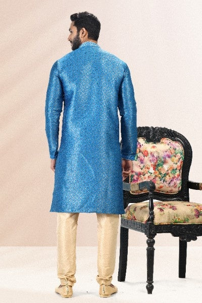 Raivat Ethnic Jacquard Banarasi Silk Pintux Work Kurta Pajama In Blue Colour | Grocsy