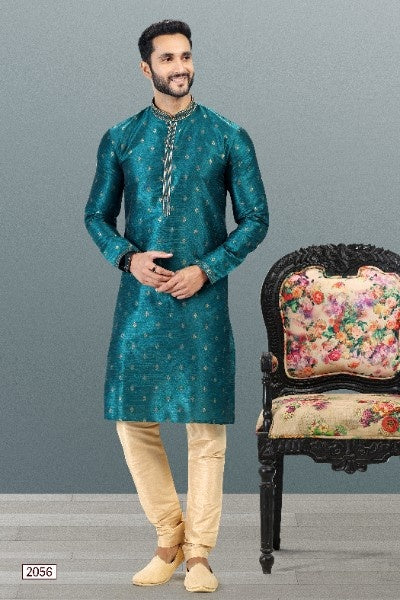 Raivat Ethnic Jacquard Banarasi Silk Pintux Work Kurta Pajama In Teal Green Colour | Grocsy