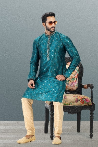 Raivat Ethnic Jacquard Banarasi Silk Pintux Work Kurta Pajama In Teal Green Colour | Grocsy