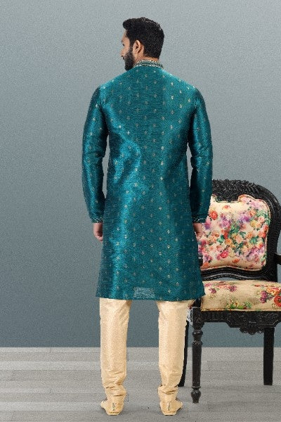 Raivat Ethnic Jacquard Banarasi Silk Pintux Work Kurta Pajama In Teal Green Colour | Grocsy