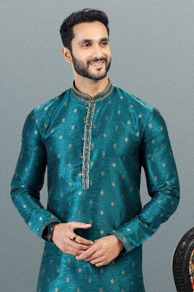 Raivat Ethnic Jacquard Banarasi Silk Pintux Work Kurta Pajama In Teal Green Colour | Grocsy