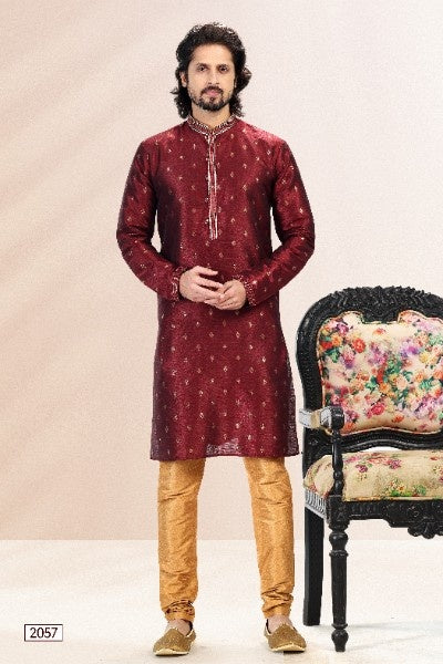 Raivat Ethnic Jacquard Banarasi Silk Pintux Work Kurta Pajama In Wine Colour | Grocsy