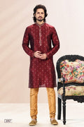 Raivat Ethnic Jacquard Banarasi Silk Pintux Work Kurta Pajama In Wine Colour | Grocsy