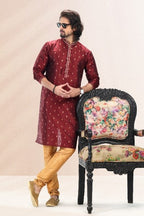 Raivat Ethnic Jacquard Banarasi Silk Pintux Work Kurta Pajama In Wine Colour | Grocsy