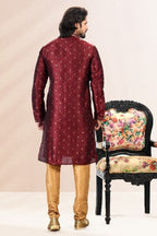 Raivat Ethnic Jacquard Banarasi Silk Pintux Work Kurta Pajama In Wine Colour | Grocsy