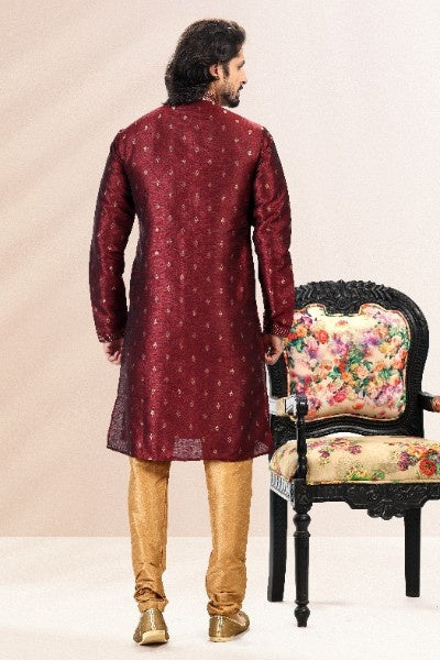 Raivat Ethnic Jacquard Banarasi Silk Pintux Work Kurta Pajama In Wine Colour | Grocsy