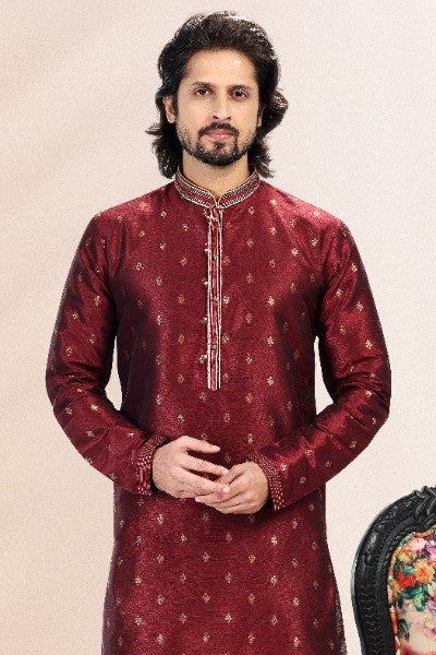 Raivat Ethnic Jacquard Banarasi Silk Pintux Work Kurta Pajama In Wine Colour | Grocsy