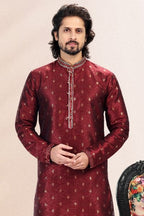 Raivat Ethnic Jacquard Banarasi Silk Pintux Work Kurta Pajama In Wine Colour | Grocsy