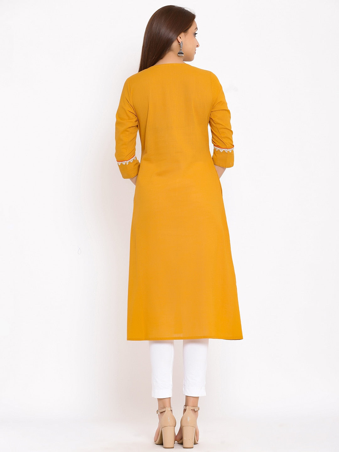 HERE&NOW Mustard Yellow & White Ethnic Motifs Embroidered Straight Kurta | Grocsy