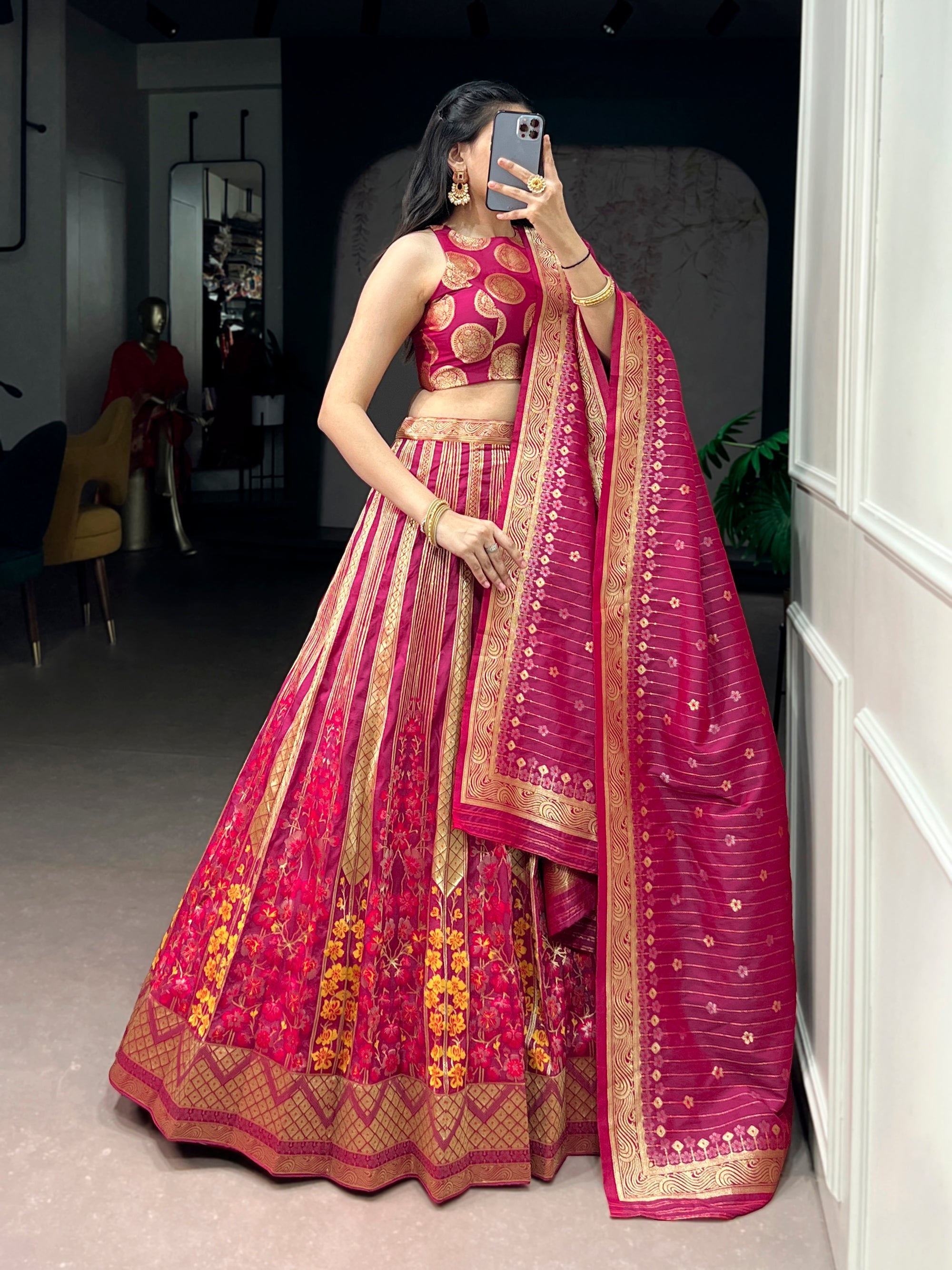 Lorenvalley Fashion Pink Silk Zari Weaving Work Lehenga Choli with Dupatta | Grocsy
